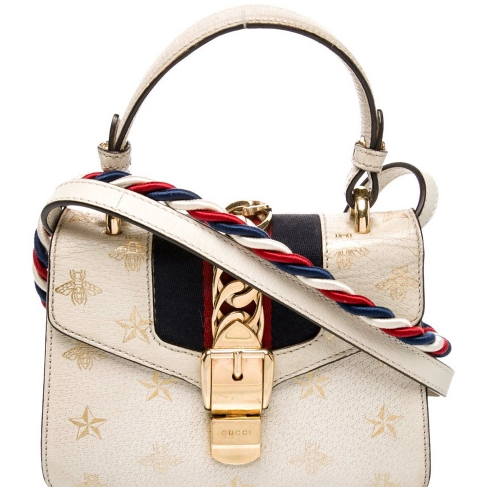 Gucci Web Sylvie Crossbody Bag with Striped Strap, bow and leather strep - Picture 2 of 8